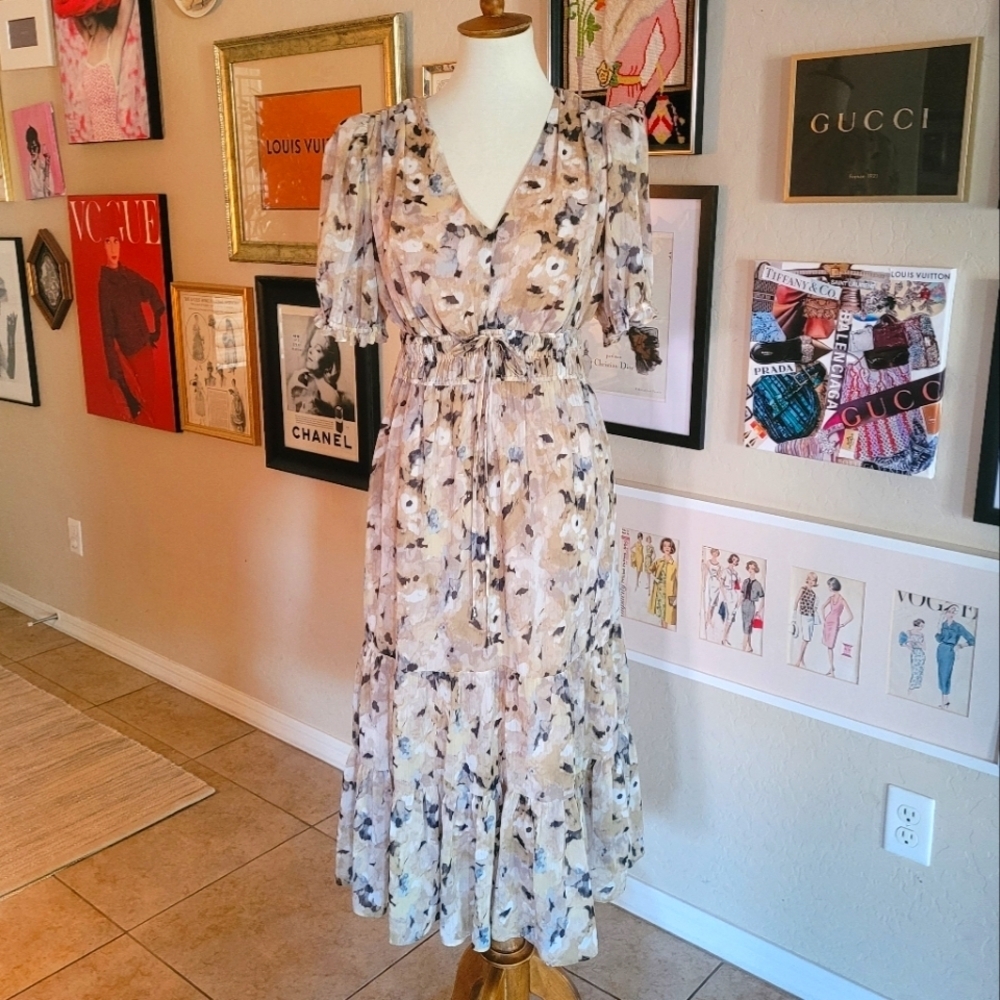 Maggy London Khaki Gold Print Puff Sleeve Ruffle Hem Midi Dress - Picture 4 of 9